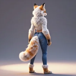 full body of anthropomorphic lynx fursona from behind wearing jeans as a woman with lynx head, tail, furry paws with no boots, by tanidareal, irakli nadar, intricate linework, unreal engine, fantasy style, perfect angle, radiant lighting, vibrant color scheme, 3 d render, detailed highly lighted white fur, realistic fur