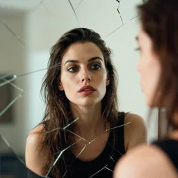 woman looking herself in a broken mirror, close, detailed, by annie leibovitz, photography