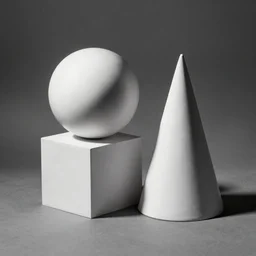 a sphere and a cube and a cone sitting adjacent to each other on a gray surface
