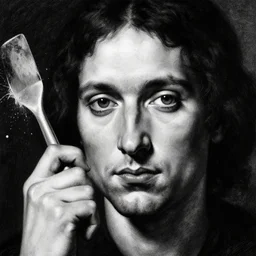 highly detailed black and white painting of one face, portrait, hand gesture, beautiful, dark, masterpiece, art by durero, rubens, riccardo federici, roberto ferri, james jean, craig mullins, illustration, draw, spatula, splash