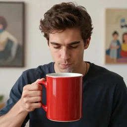 portrait of a red oversize ceramic mug of coffee, a young handsome italian man holding the mug to his smelling the coffee, 3 d photorealistic, parts by beksinski, parts by goro fujita, parts by yue minjun, by filip hodas