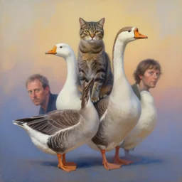 painting of combination between cat & goose, crossed animal, intercrossed animal, by corine perier, by ellen jewett, by ronald ong, by arne olav gurvin fredriksen cold hue's, warm tone gradient background, beautiful composition, digital painting