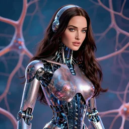 a megan fox robot growing neurons all across its shiny metal shell, romanticism portrait