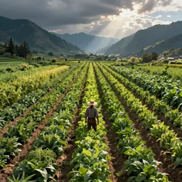 rows of lush crops, miscular farmer, mountains in the background, detailed digital 2d fantasy art