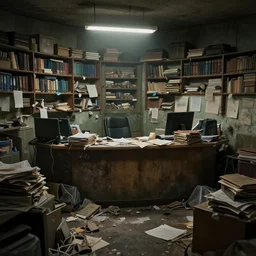 an messy booking office with nobody there, chaos, dim light, apocalypstic vibe, artstation, mixed media, hyper detailed, phtotrealistic