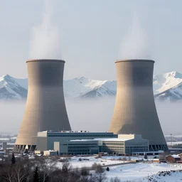 soviet nuclear power plant, socialistic realism, divine, hazy, volumetric lighting, snowy summits in the background, 4 k