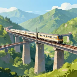 train going over a trestle bridge in the mountains, concept art, illustrated, highly detailed, high quality, bright colors, optimistic,