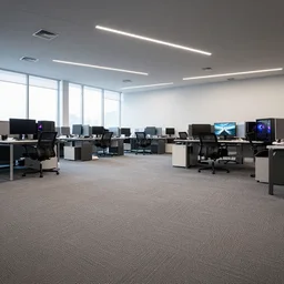 gaming pc in a barren office space, carpet