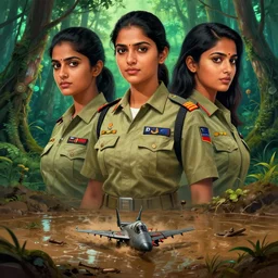mix of beautiful sri lankan female as top gun fighter pilot, perfect faces, magical forest, muddy swamp, very coherent and colorful high contrast art, artstation, deviantart, digital art