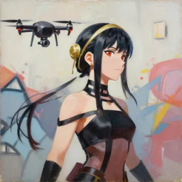 greg manchess portrait painting of yorha 2 b with drone as overwatch character, medium shot, asymmetrical, profile picture, organic painting, sunny day, matte painting, bold shapes, hard edges, street art, trending on artstation, by huang guangjian and gil elvgren and sachin teng