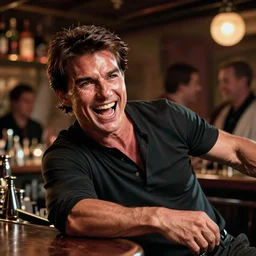 hyper realistic tom cruise hanging out with tom cruise at a bar, all overly excited, jaw unhinged with laughter and smiling, all teeth, kinda disturbing but really funny, tom has evil eyes, like super evil looking, by greg rutkowski, scott m fischer, artgerm, loish, slight glow, atmospheric, anne stokes, alexandros pyromallis