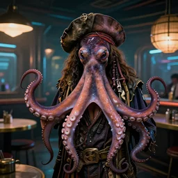 a high quality portrait of octopus Davy Jones in a cyberpunk cyberpunk cyberpunk cafe, realism, 8k, award winning photo
