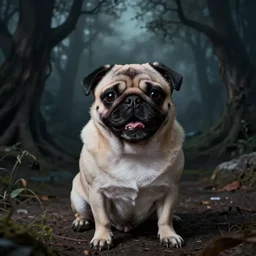 a happy pug in a disturbing nightmare, single subject, scenic full shot, ambient lighting, detailed face, by hr giger, by hieronymus bosch