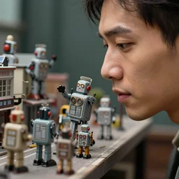 closeup profile face portrait of a detailed miniature diorama of retro toy robots invading a detailed model of a 1 9 5 0 s town, photography 4 k, f 1. 8 anamorphic, bokeh, 4 k, canon, nikon