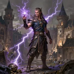 male tiefling painter with long tied hair, full body portrait, lightning fantasy magic, medieval city background, D&D, highly detailed, digital painting, HD, ArtStation, great composition, concept art, matte, sharp focus, illustration, art by artgerm and Greg Rutkowski
