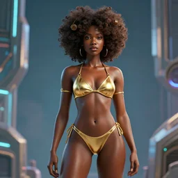 a black woman with afro in a gold bikini, cyberpunk art by bruce onobrakpeya, cg society contest winner, afrofuturism, daz 3 d, futuristic, y 2 k aesthetic