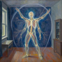 his nerve paths and magnetic envelope shape every time the slightest energy change occurred in the room was tremendous. painting by william higginson, kopera