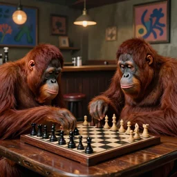 an epic matte painting of two orangutans playing chess at a bar, in the style of henri matisse and algernon blackwood, highly detailed digital art, photorealistic