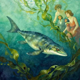 a plesiosaur swimming in kelp in  sinister green and blue lake, water color, art by artgerm and greg rutkowski and alphonse  mucha and jin xiaodi and anthony devine