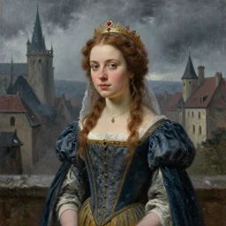 portrait of an princess, painting by michael wellen, john stephens, in a medieval city, tone mapping, stormy weather, sleet, trending on artstation