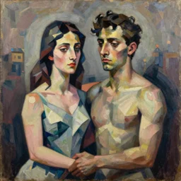 a painting of a man and a woman, a cubist painting by elizabeth murray, behance, cubo - futurism, cubism, oil on canvas, airbrush art