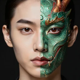 a scaled human face, half human face half dragon face