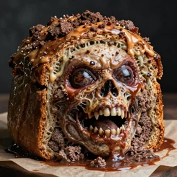 horrific sentient meatloaf, hyper realistic, terrifying, disturbing, strange, bizarre, masterpiece, 4 k