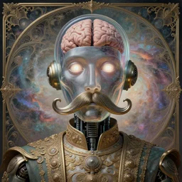 joyous transparent hybrid human and robot face, human brain visible inside, reaching nirvana, goofy, silly, dmt, large metal mustache, muted colors, benevolent, nebula background, glowing eyes, detailed realistic surreal retro robot in full regal attire. face portrait. art nouveau, visionary, baroque, giant fractal details. vertical symmetry by zdzisław beksinski, highly detailed, realistic