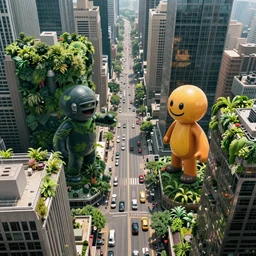 from the top of a metropolis, busy streets, the rooftops are surrounded by lush green vegetation, james paick and beeple, imax quality, cinematic photography, cinematic, ue 5, realistic, highly - detailed, sci - fi