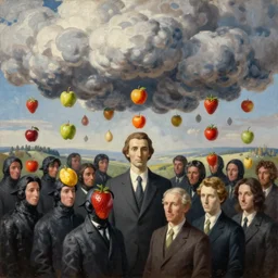 Crowd with fruit heads by Magritte and Beeple, fruits raining from clouds, surreal painting, oil painting, hyper detailed, clean shapes