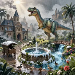 medieval city with dinosaurs, atmosphere, vibe, mist, smoke, chimney, rain, well, wet, pristine, puddles, waterfall, melting, dripping, snow, ducks, creek, lush, ice, bridge, cart, forest, flowers, concept art illustration, color page, 4 k, tone mapping, akihiko yoshida, james jean, andrei riabovitchev, marc simonetti, yoshitaka amano, digital illustration, greg rutowski, volumetric lighting, sunbeams, particles, trending on artstation
