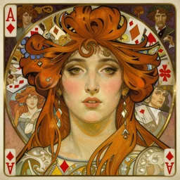 realistic detailed face portrait of the Queen of Diamonds by Alphonse Mucha, Ayami Kojima, Amano, Charlie Bowater, Karol Bak, Greg Hildebrandt, Jean Delville, and Mark Brooks, Art Nouveau, Neo-Gothic, gothic, playing card suit diamonds, red diamonds, playing cards, rich deep moody colors