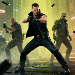 fast fit good looking man, dodging bullets, action pose, like matrix, like cyberpunk, like mass effect, photorealistic, highly detailed, detailed face, full body, in the style of moebius
