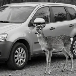 a thermal image with gray levels of a car and a deer in high detail
