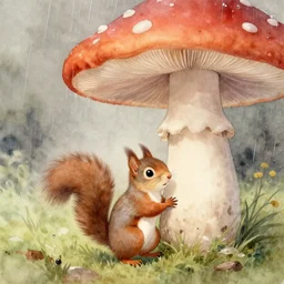 a cute little squirrel standing under a huge mushroom, hiding from the rain, watercolor painting by jean - baptiste monge, muted colors