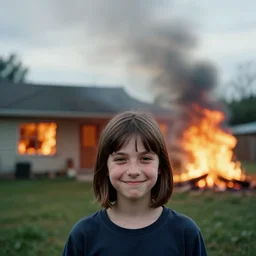 wide angle medium - shot photobomb of a very young girl in the foreground with short straight hair, smirk smile at the camera. in the background, slightly out of focus, we see a burning house on fire. high resolution photograph
