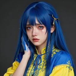 a portrait of anime ukrainian blue and yellow girl, scared and crying, concept art, trending on artstation, highly detailed, intricate, sharp focus, digital art, 8 k