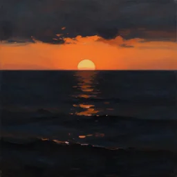 the sea of sadness, a black void, a line of orange sunset, crushing despair, brush strokes, acrylic painting