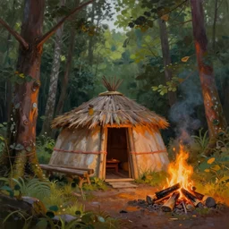 a beautiful painting of a small round native american sweat lodge hut in a forest near a campfire, matte painting, trending on artstation, art by christophe vacher