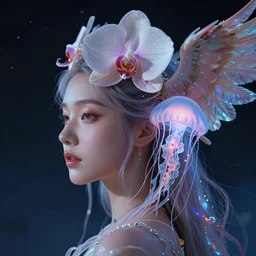 hyperrealism, night background, goddess woman face profile portrait, beautiful face portrait real human, jellyfish!! phoenix crow wings! giant orchid!!, artwork by tooth wu and wlop. octane render, trending on artstation, greg rutkowski cinematic, hyper realism, high detail, octane render, 8 k