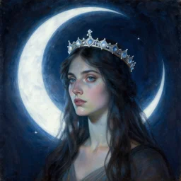 Artemixel, the modern reincarnation of the old selenium god of hunt and moon, also known as Artemis or Selene, carrying the crown of the crescent moon. They are crowned by a bright and slightly bluish crescent like the brightness of the night. Portrait by Zdzislaw Beksinski and Jeffrey Smith, oil on canvas.