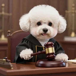 a closeup photorealistic illustration of a bichon frise wearing a justice gown and pounding a gavel at her bench. this 4 k hd image is trending on artstation, featured on behance, well - rendered, extra crisp, features intricate detail and the style of unreal engine.