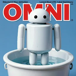 1979 OMNI Magazine Cover depicting a large Android emerging from a vat next to a large power generator. Cyberpunk Akira style by Vincent Di Fate