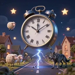 clock floating in the sky, stars with human teeth, sheep and evil wolf in picturesque town square, claws coming off the road, midnight scene, detailed, 3 d, intricate details, by vincent di fate, artgerm, smooth gradients, octane render, 8 k, volumetric lightning, high contrast, depth of field