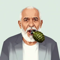 old man portrait, grenade in mouth, flat background, greg rutkowski gta san andreas art