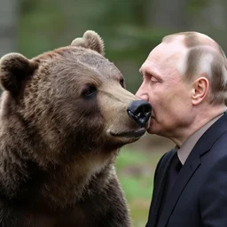 vladimir putin kisses a bear, french kiss, lovely, insane details, clear face and eyes, textured, 8 k, professional photography