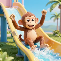 multicolor 3 d render of happy monkey sliding down a waterslide by @ combrisi in 4 k ultra high resolution, with funny feeling