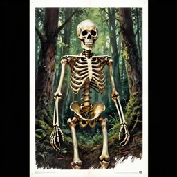 8 0 s vintage horror movie poster, skeleton in the woods detailed,