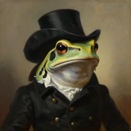 a head and shoulders portrait painting of an anthropomorphic!!!!!!!!!! amazon milk frog!!!!!!!!!! wearing a black!!!!!!!!!! colonial outfit without a hat looking off camera, a character portrait, american romanticism, oil on canvas, soft focus
