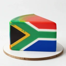 slice of cake, the side of the cake is colored with the pattern of the south african flag, south african flag cake